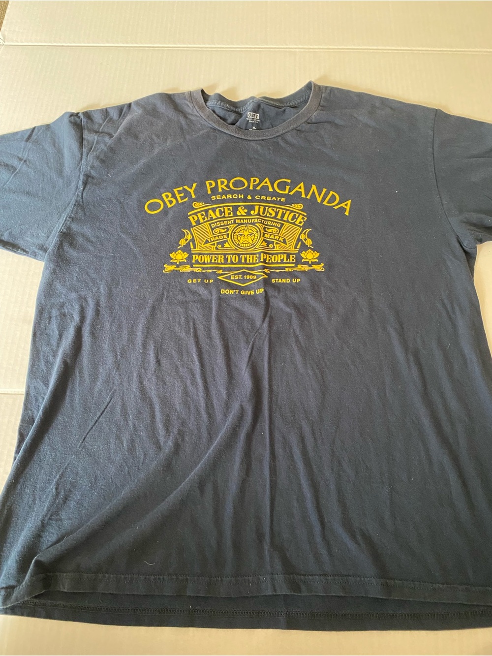 Obey Propaganda Blue Graphic Tee with Yellow Print Power to the People XL